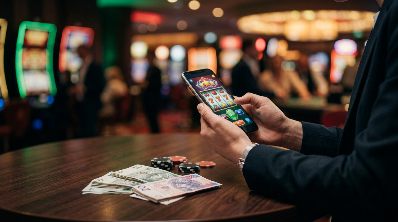 Smartfon z aplikacją kasynową i żetony o niskich nominałach na eleganckim tle.