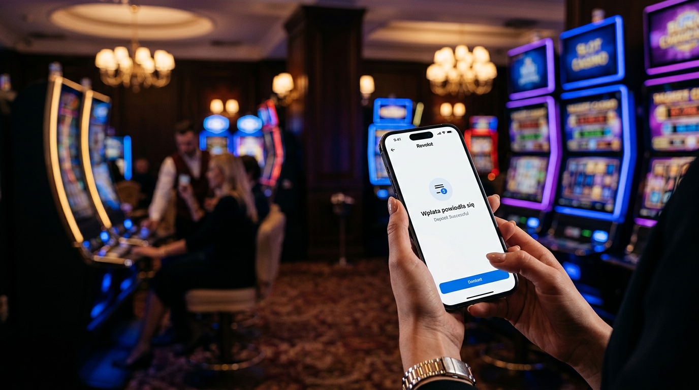 Smartfon z aplikacją Revolut na tle nowoczesnego kasyna online