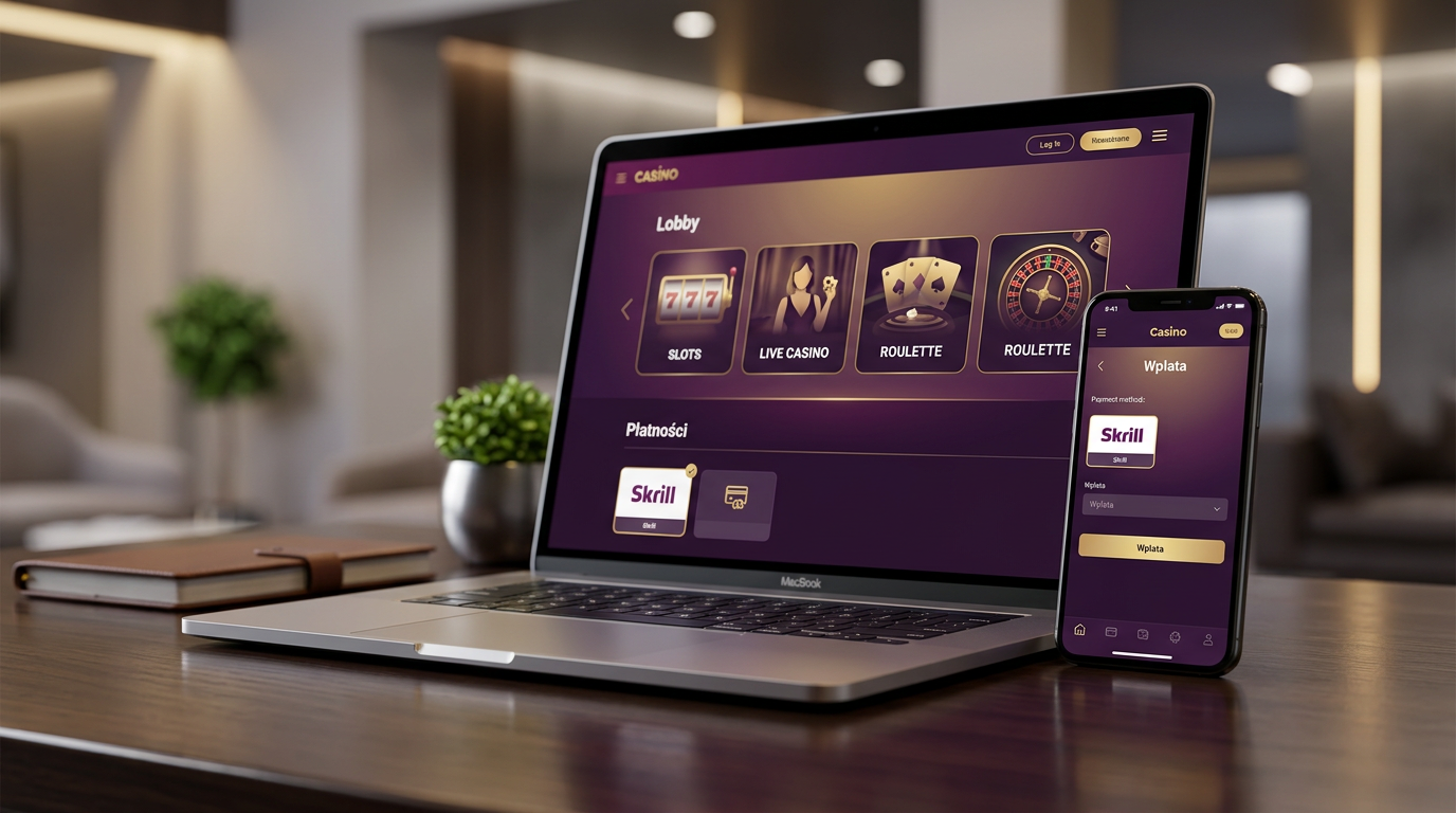 Nowoczesny interfejs kasyna online z widocznym logiem Skrill na telefonie i laptopie